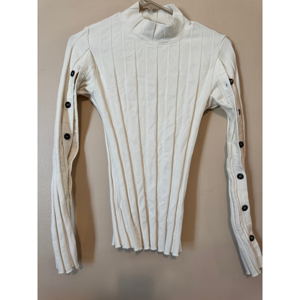 Stateside Ivory Ribbed Mock Neck Button Sleeve Top Cream Medium Made in USA